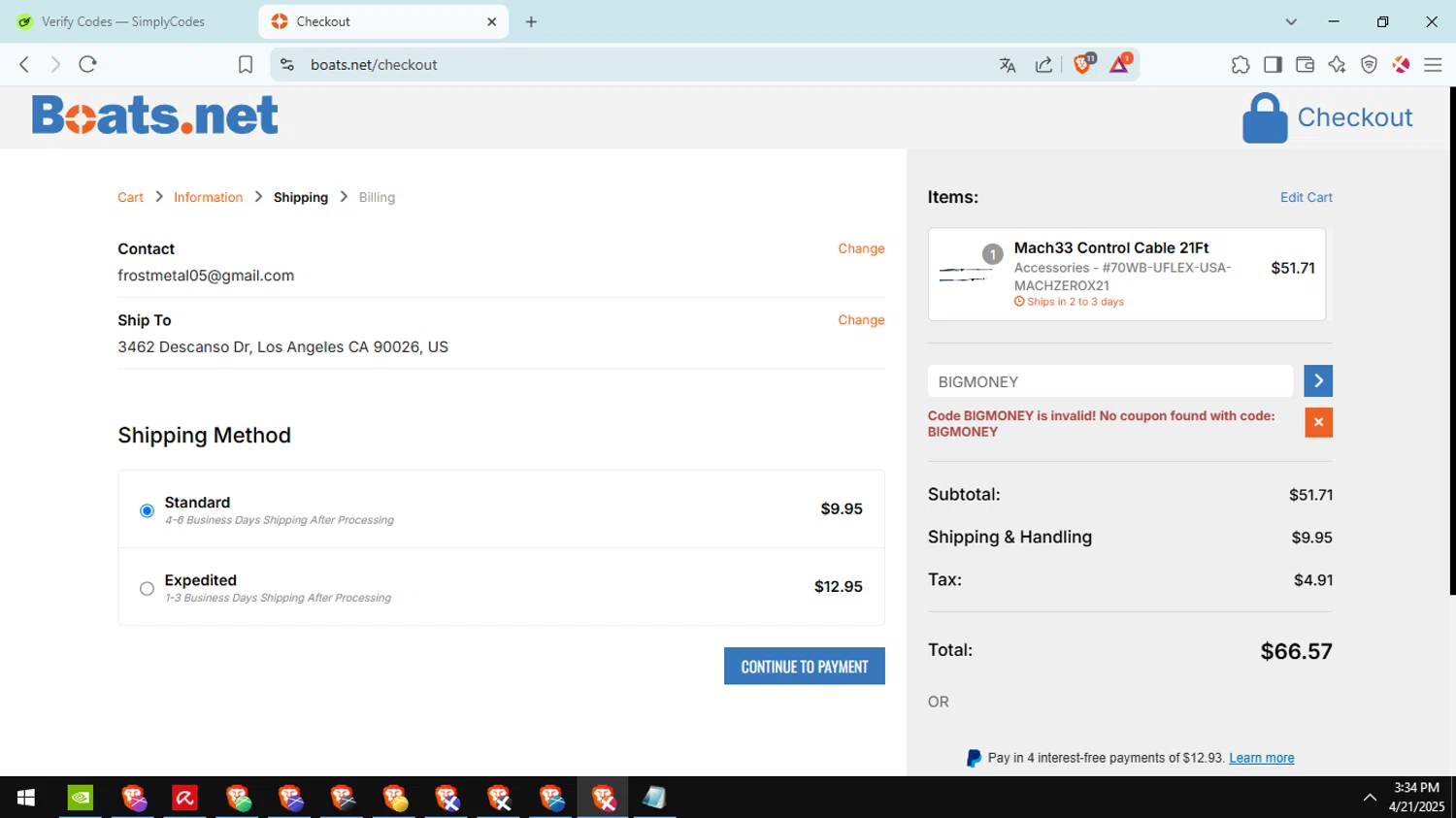 Boats.net promo code screenshot showing code BIGMONEY applied at Boats.net checkout page. Uploaded by SimplyCodes community member Cucalina on Apr 21, 2025