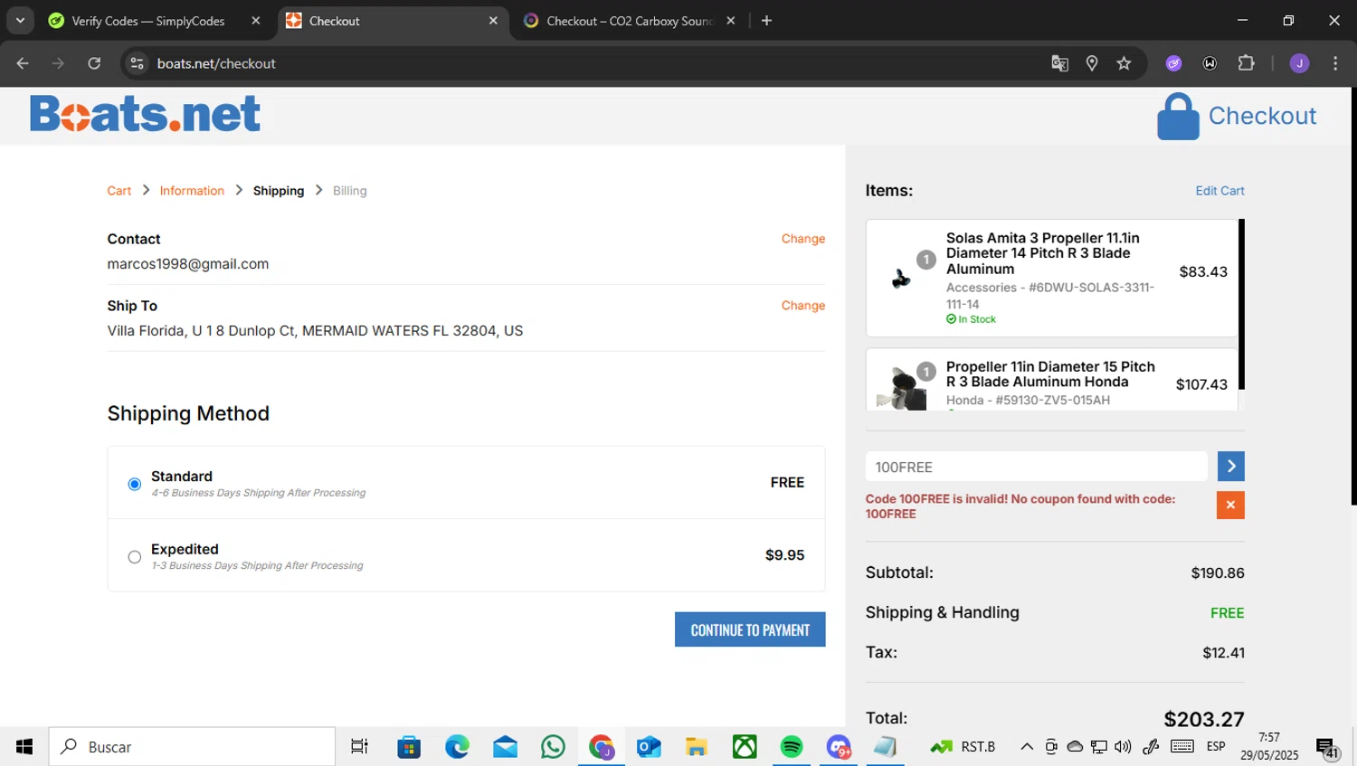 Boats.net promo code screenshot showing code 100FREE applied at Boats.net checkout page. Uploaded by SimplyCodes community member ENCARAMESSI on May 29, 2025