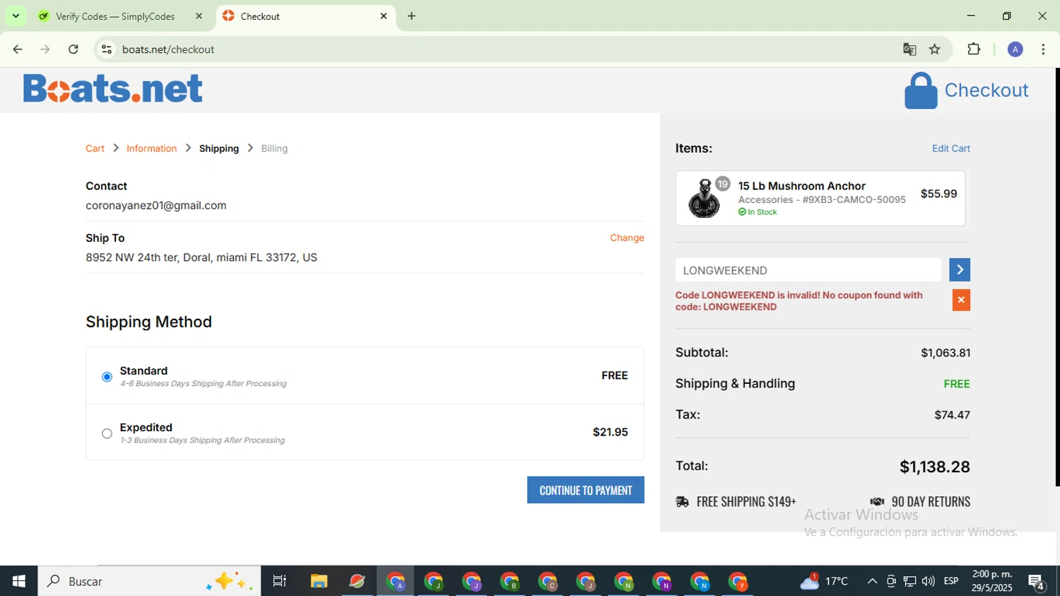 Boats.net promo code screenshot showing code LONGWEEKEND applied at Boats.net checkout page. Uploaded by SimplyCodes community member TreasureCaptain5531 on May 29, 2025