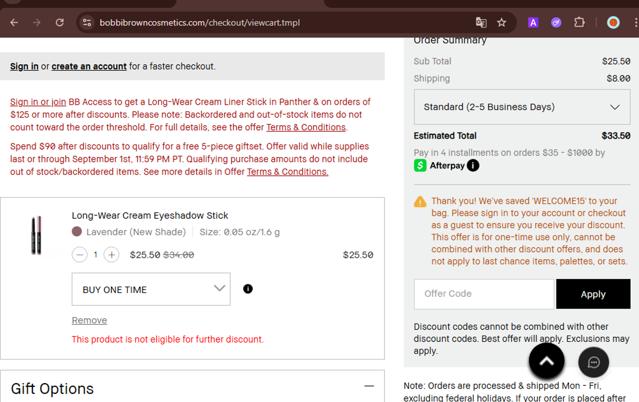 Bobbi Brown checkout page showing Bobbi Brown discount code box | Screenshot taken by SimplyCodes community member on Aug 29, 2025