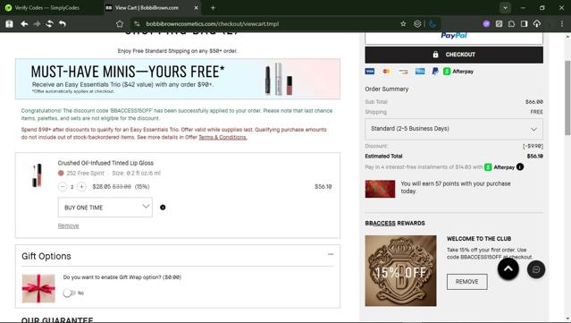 Bobbi Brown checkout page showing Bobbi Brown discount code box | Screenshot taken by SimplyCodes community member on Sep 7, 2025