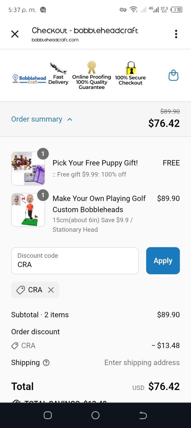 bobbleheadcraft checkout page showing bobbleheadcraft discount code box | Screenshot taken by SimplyCodes community member on Sep 16, 2025