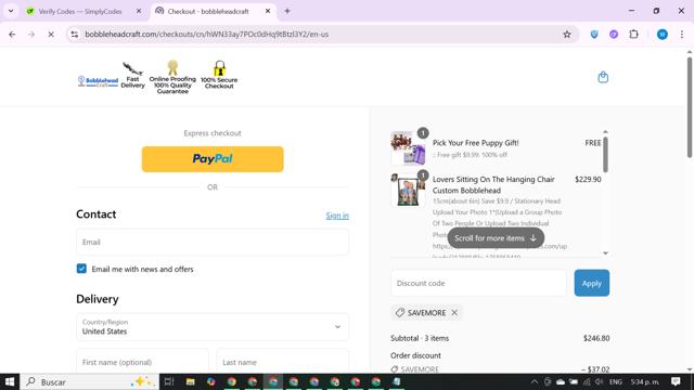 bobbleheadcraft checkout page showing bobbleheadcraft discount code box | Screenshot taken by SimplyCodes community member on Sep 16, 2025