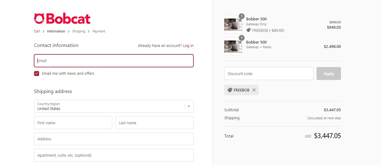 Bobcat checkout page showing Bobcat discount code box | Screenshot taken by SimplyCodes community member on Jul 21, 2022