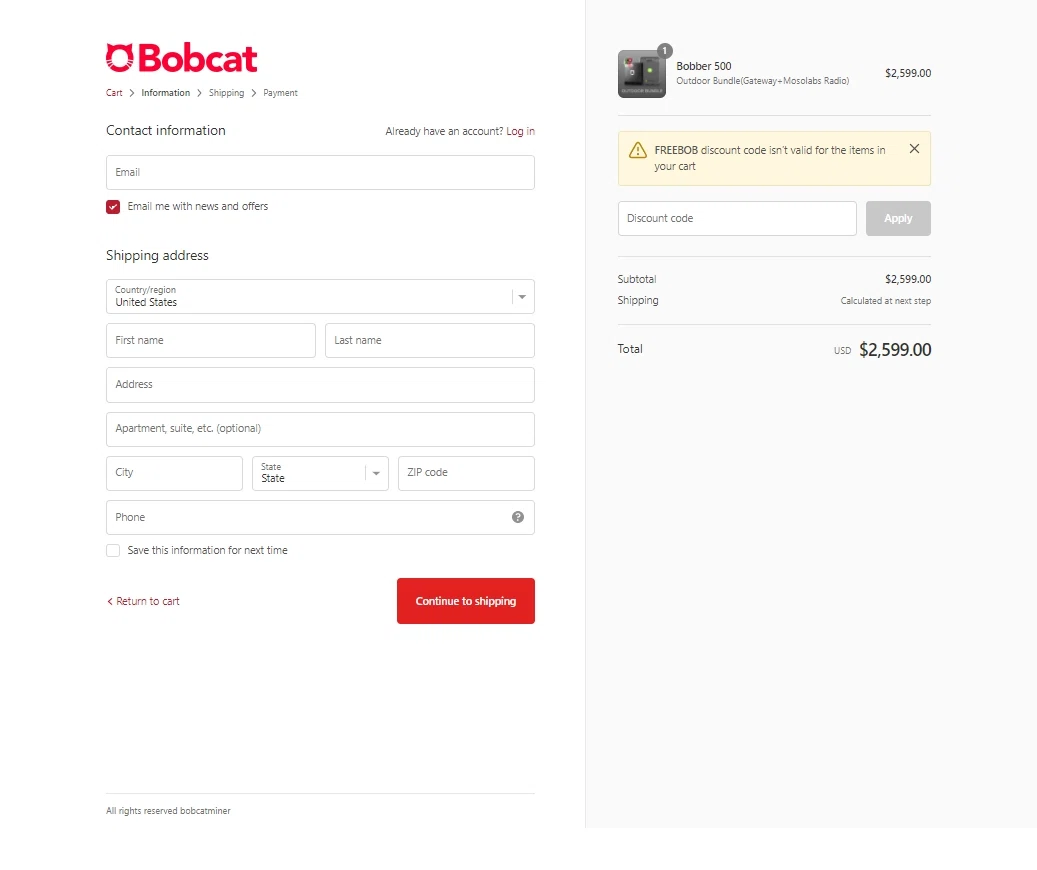 Bobcat checkout page showing Bobcat discount code box | Screenshot taken by SimplyCodes community member on Aug 19, 2022