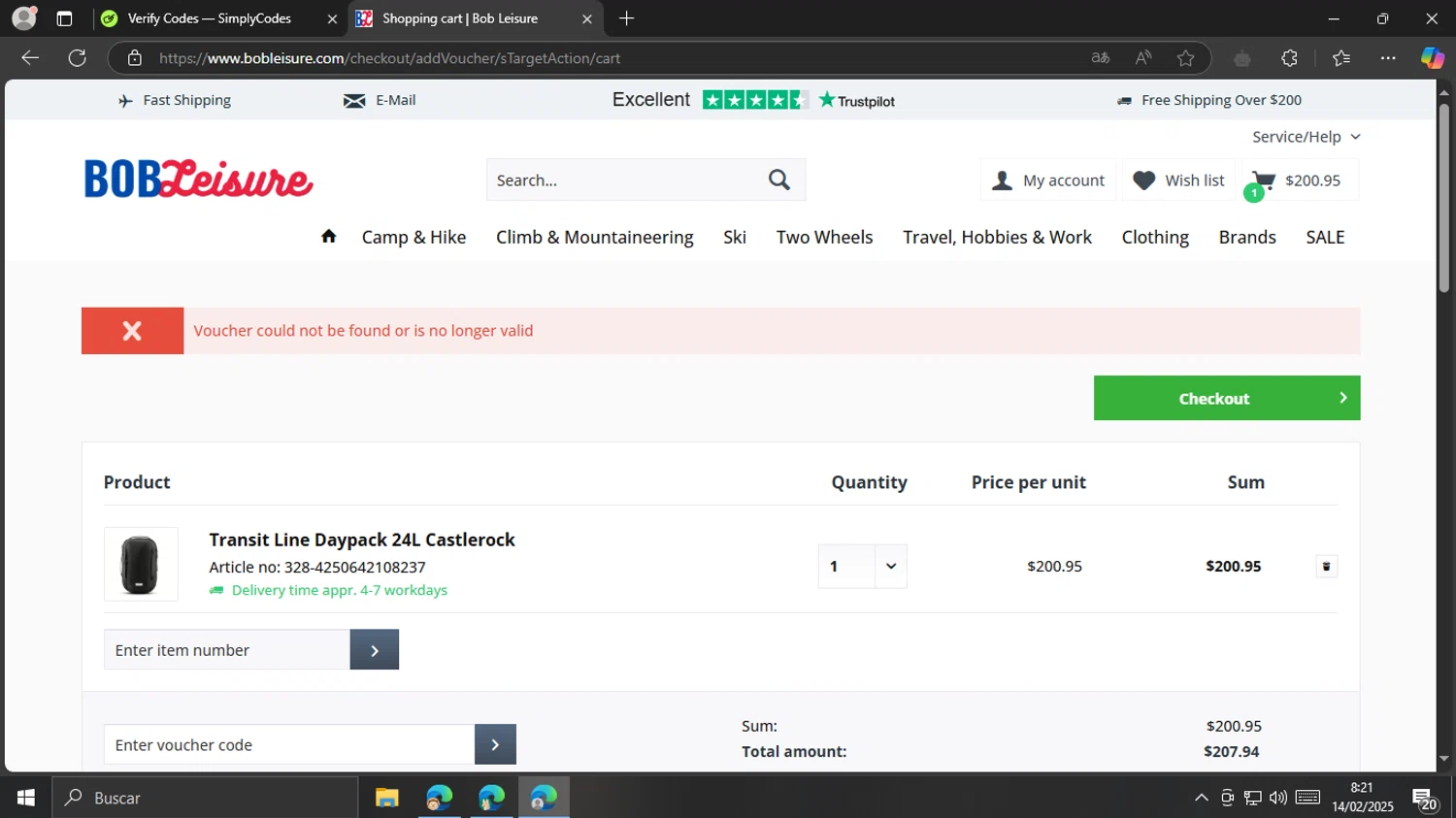 Bob Leisure coupon code screenshot showing code FIRST20 applied at Bob Leisure checkout page. Uploaded by SimplyCodes community member MrsPopo on Feb 14, 2025