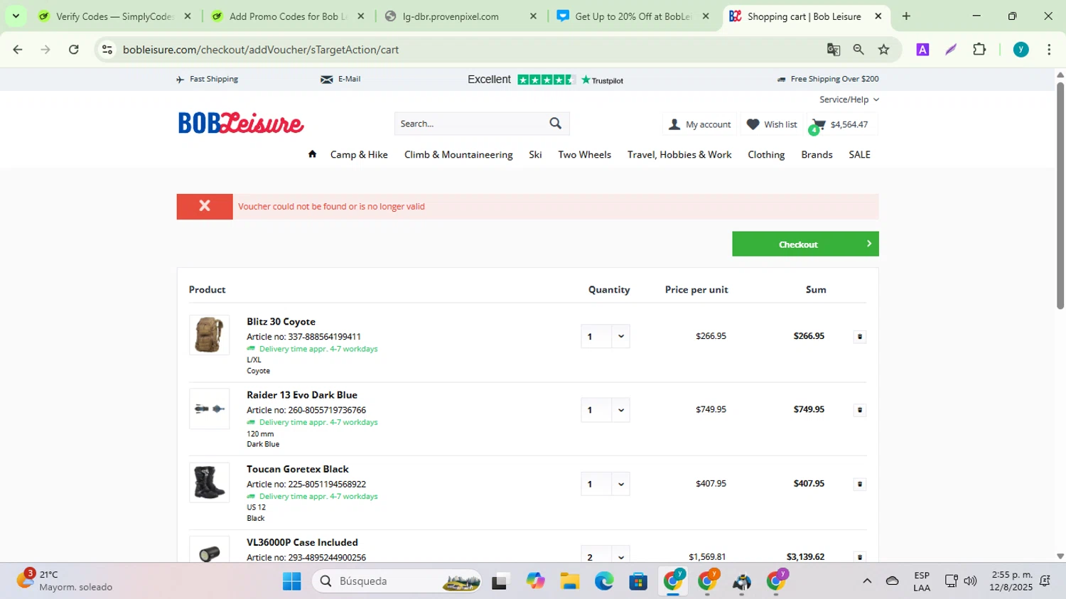 Bob Leisure coupon code screenshot showing code FIRST20 applied at Bob Leisure checkout page. Uploaded by SimplyCodes community member yadiracg074 on Aug 12, 2025