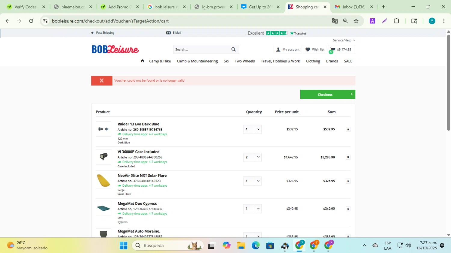 Bob Leisure coupon code screenshot showing code FIRST20 applied at Bob Leisure checkout page. Uploaded by SimplyCodes community member yadiracg074 on Oct 16, 2025