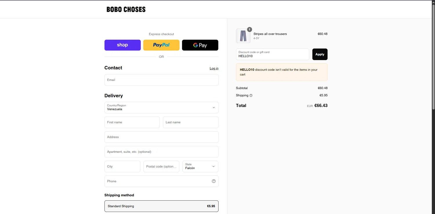 Bobo Choses promo code screenshot showing code HELLO10 applied at Bobo Choses checkout page. Uploaded by SimplyCodes community member Carlosramirez09 on Aug 30, 2025