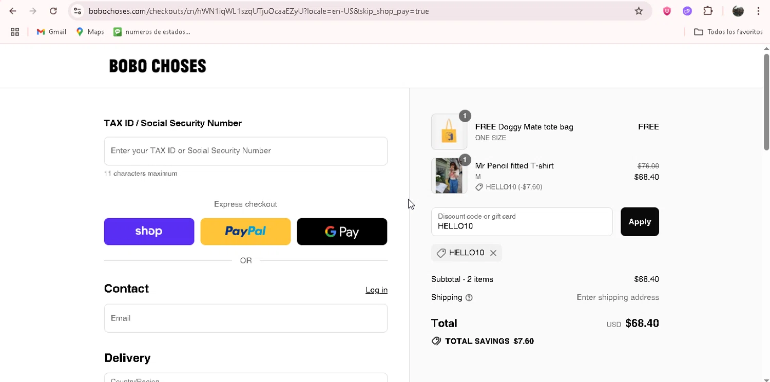 Bobo Choses promo code screenshot showing code HELLO10 applied at Bobo Choses checkout page. Uploaded by SimplyCodes community member adrianvasquez1 on Aug 12, 2025