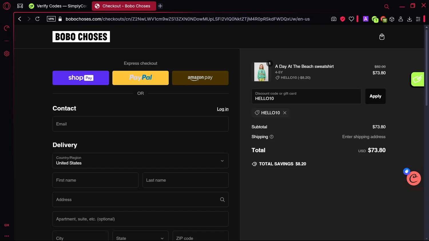 Bobo Choses promo code screenshot showing code HELLO10 applied at Bobo Choses checkout page. Uploaded by SimplyCodes community member comidaparallevar on Feb 8, 2025