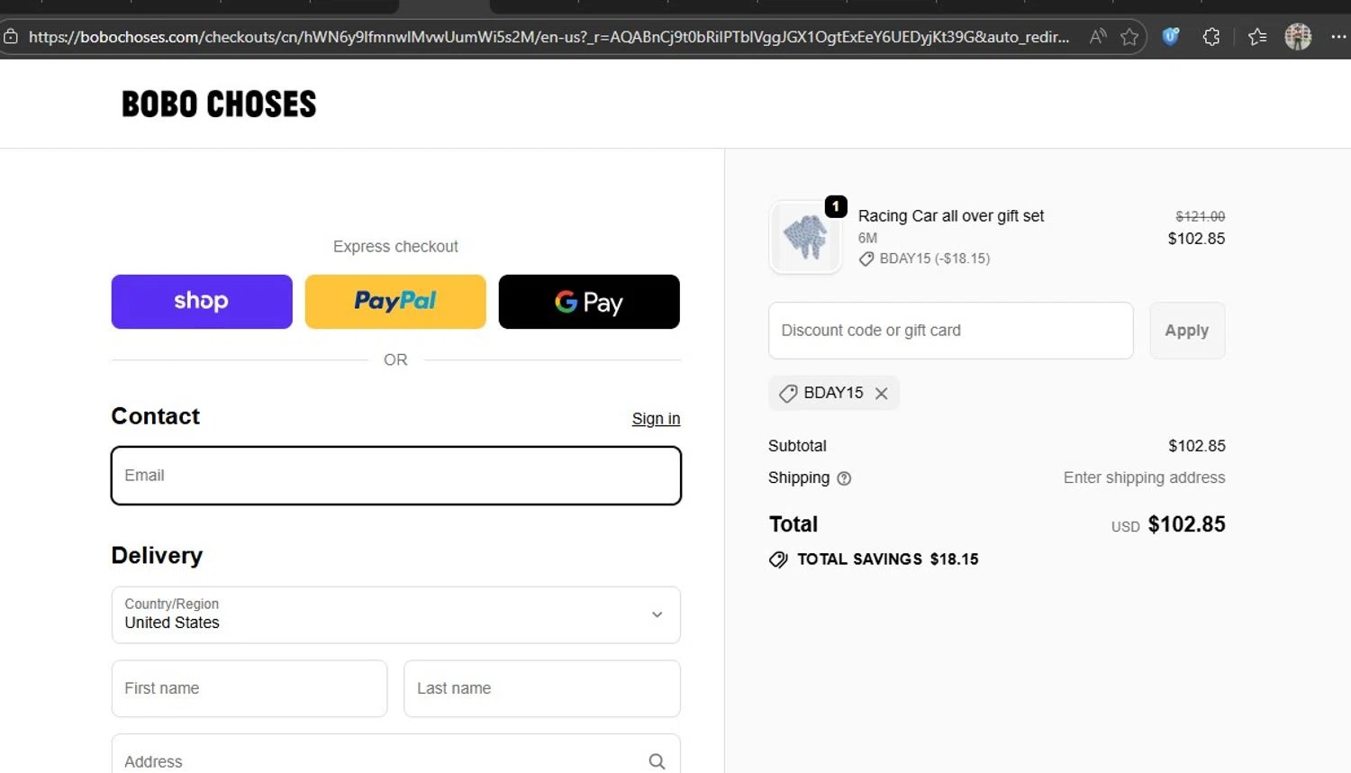 Bobo Choses promo code screenshot showing code BDAY15 applied at Bobo Choses checkout page. Uploaded by SimplyCodes community member HonestVzla on Dec 28, 2025