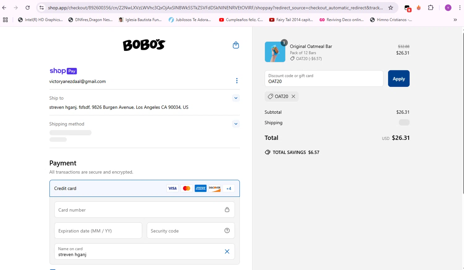 Bobo's Oat Bars promo code screenshot showing code OAT20 applied at Bobo's Oat Bars checkout page. Uploaded by SimplyCodes community member VictorYanez on Apr 21, 2025