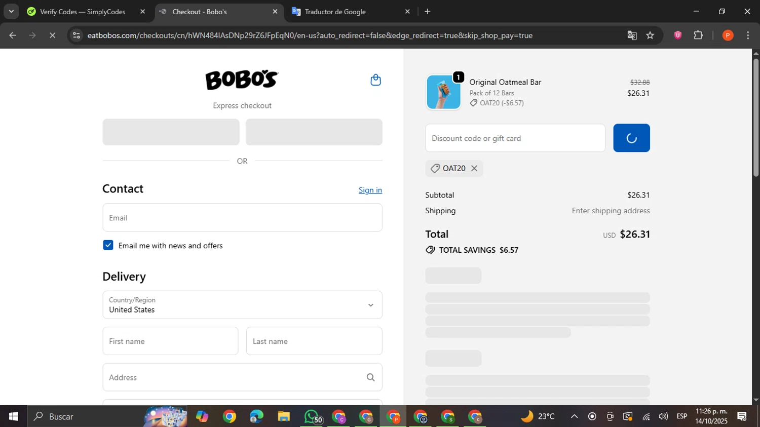 Bobo's Oat Bars promo code screenshot showing code OAT20 applied at Bobo's Oat Bars checkout page. Uploaded by SimplyCodes community member VictoriousCaptain2658 on Oct 15, 2025