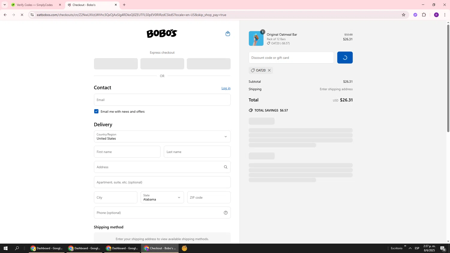 Bobo's Oat Bars promo code screenshot showing code OAT20 applied at Bobo's Oat Bars checkout page. Uploaded by SimplyCodes community member ukemochi on Jun 8, 2025