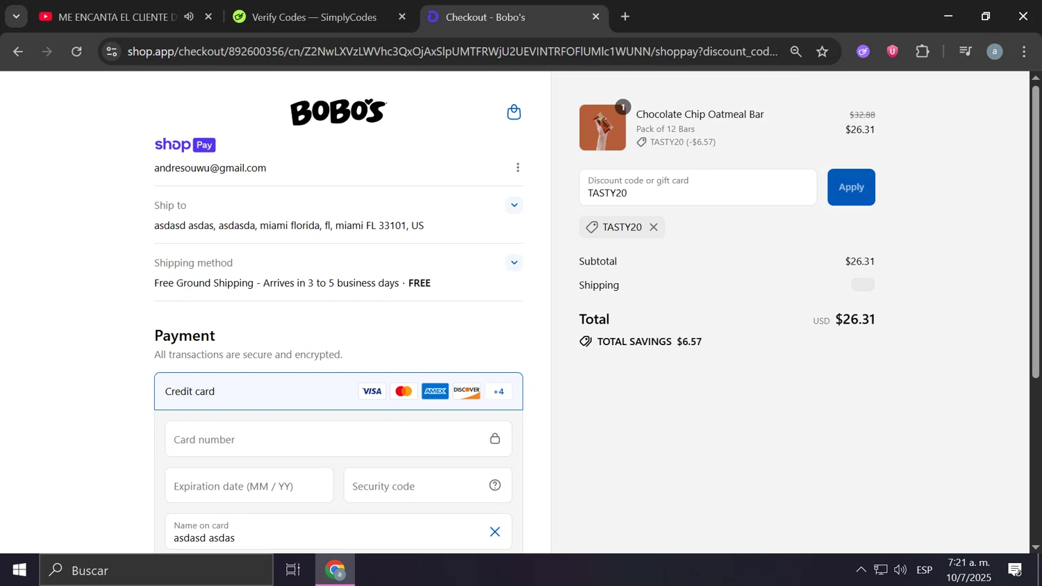 Bobo's Oat Bars promo code screenshot showing code TASTY20 applied at Bobo's Oat Bars checkout page. Uploaded by SimplyCodes community member Anderson on Jul 10, 2025