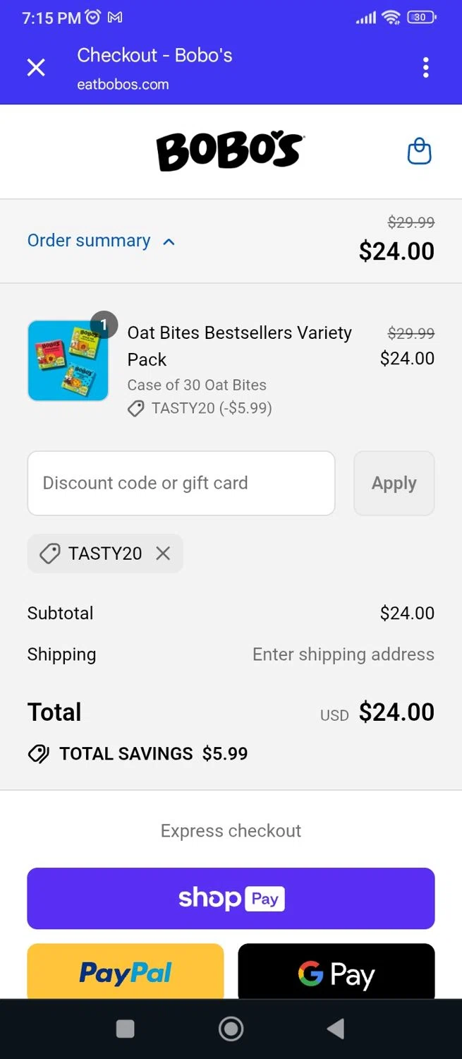 Bobo's Oat Bars promo code screenshot showing code TASTY20 applied at Bobo's Oat Bars checkout page. Uploaded by SimplyCodes community member Saturno on Jul 31, 2025