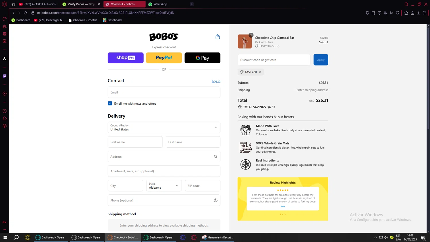 Bobo's Oat Bars promo code screenshot showing code TASTY20 applied at Bobo's Oat Bars checkout page. Uploaded by SimplyCodes community member SavvyScholar995 on Jul 14, 2025