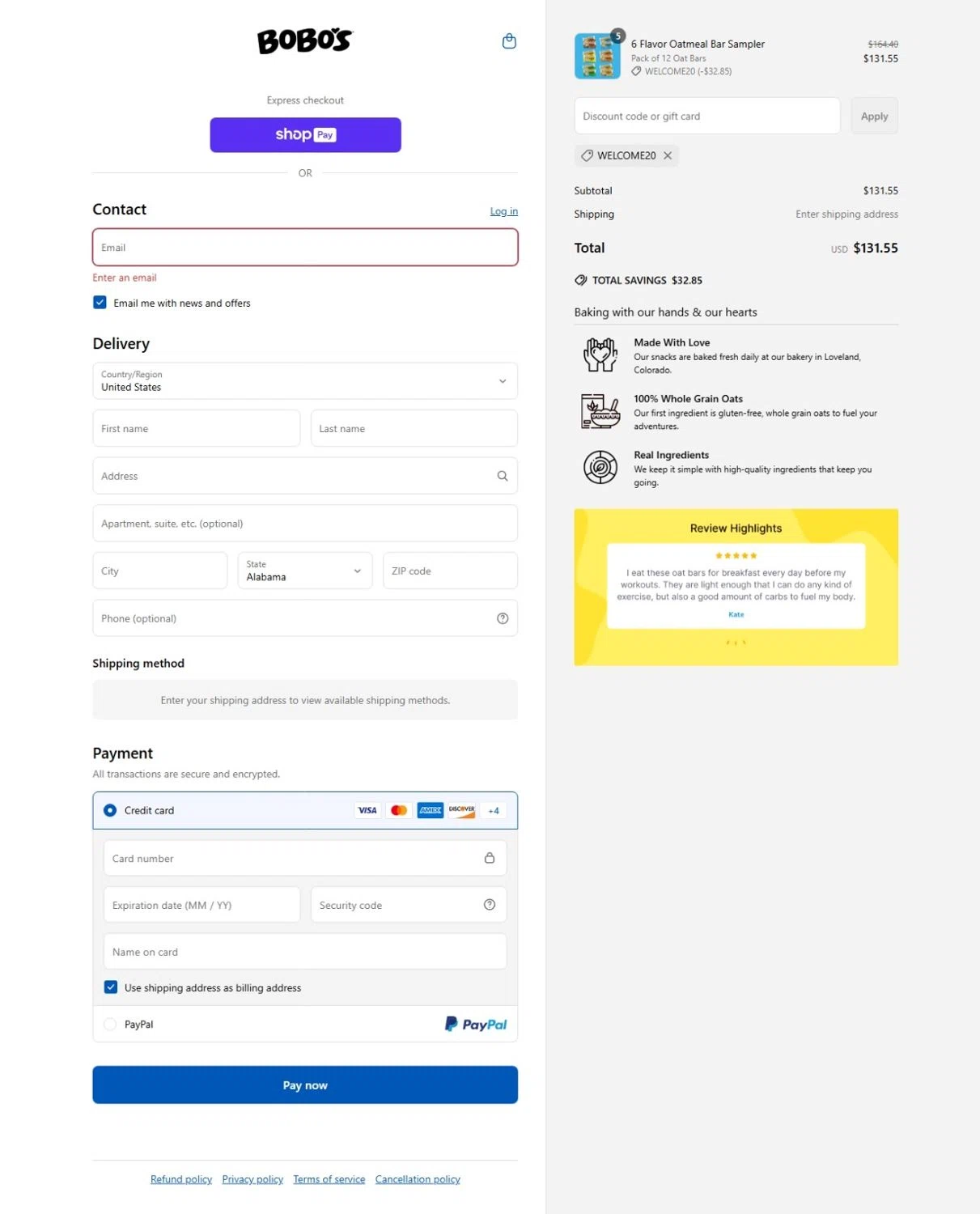 Bobo's Oat Bars promo code screenshot showing code welcome20 applied at Bobo's Oat Bars checkout page. Uploaded by SimplyCodes community member Maylinlr on Jun 3, 2025