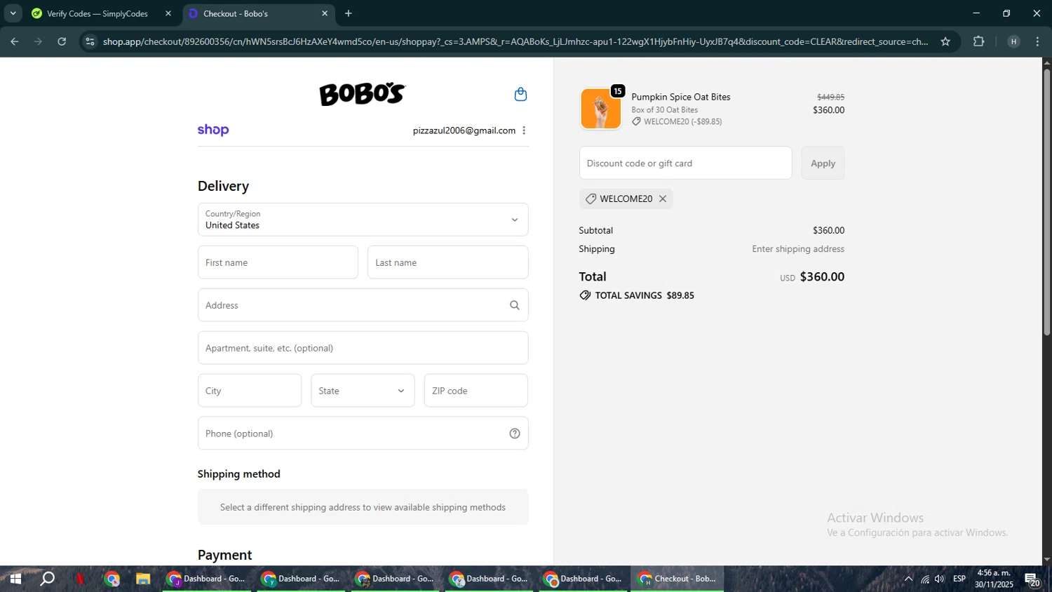 Bobo's Oat Bars promo code screenshot showing code welcome20 applied at Bobo's Oat Bars checkout page. Uploaded by SimplyCodes community member YAMAHA on Nov 30, 2025