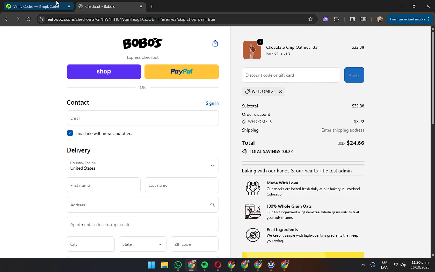 Bobo's Oat Bars promo code screenshot showing code WELCOME25 applied at Bobo's Oat Bars checkout page. Uploaded by SimplyCodes community member JennaOrtega on Oct 19, 2025