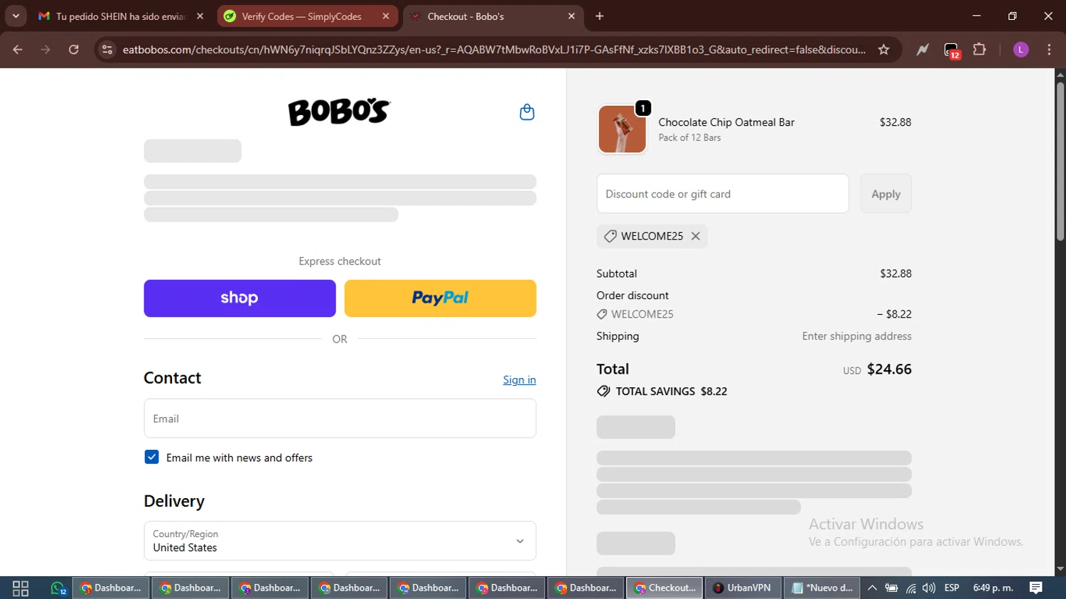 Bobo's Oat Bars promo code screenshot showing code WELCOME25 applied at Bobo's Oat Bars checkout page. Uploaded by SimplyCodes community member RewardScout5160 on Dec 28, 2025