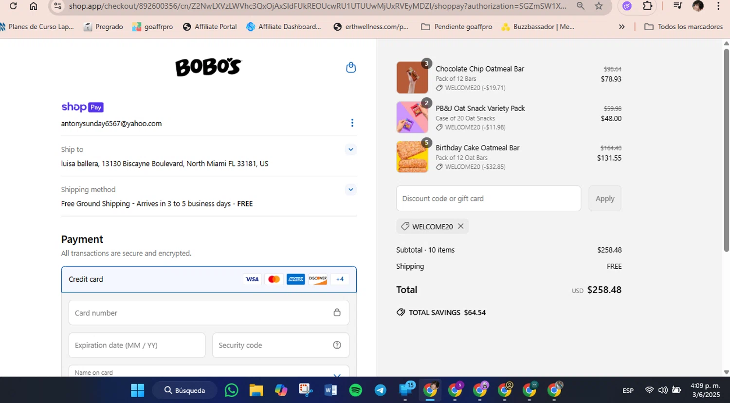 Bobo's Oat Bars promo code screenshot showing code welcome20 applied at Bobo's Oat Bars checkout page. Uploaded by SimplyCodes community member luisaballera on Jun 3, 2025