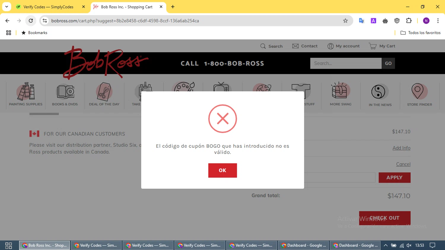 Bob Ross coupon code screenshot showing code BOGO applied at Bob Ross checkout page. Uploaded by SimplyCodes community member CleverCurator2158 on Jan 15, 2025