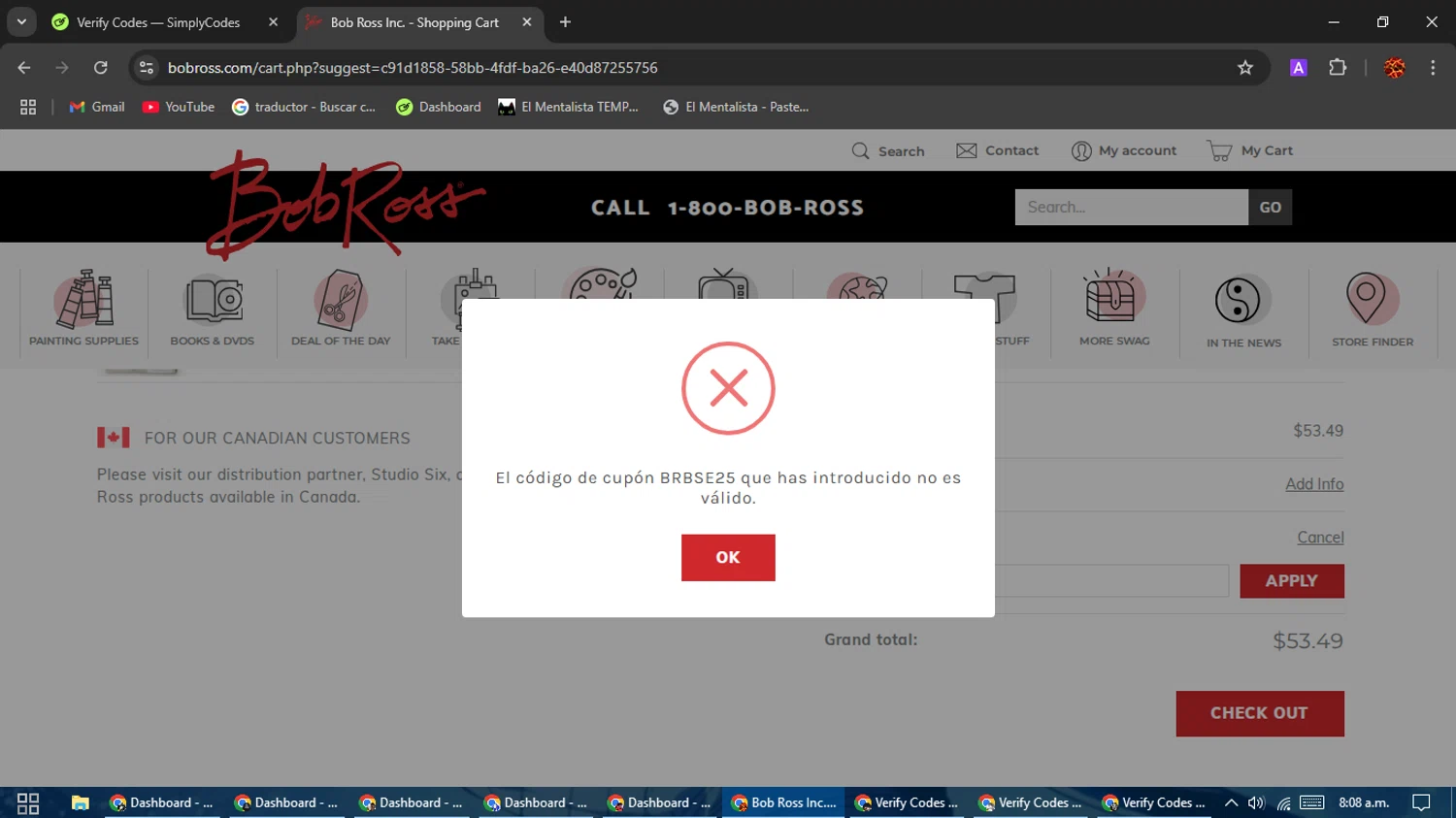Bob Ross coupon code screenshot showing code BRBSE25 applied at Bob Ross checkout page. Uploaded by SimplyCodes community member Rodolfo on Mar 26, 2025