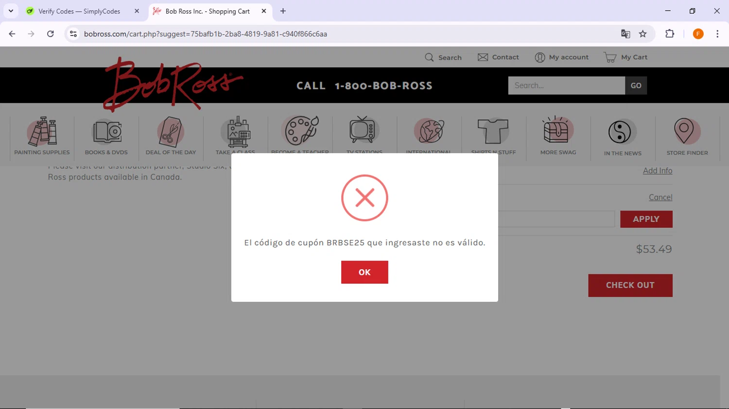 Bob Ross coupon code screenshot showing code BRBSE25 applied at Bob Ross checkout page. Uploaded by SimplyCodes community member TreasureSleuth5198 on Mar 26, 2025