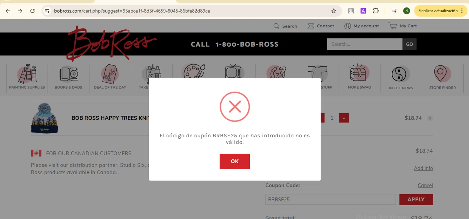 Bob Ross checkout page showing Bob Ross coupon code box | Screenshot taken by SimplyCodes community member on Feb 25, 2025