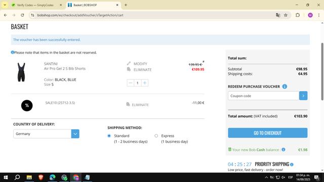 BobShop checkout page showing BobShop discount code box | Screenshot taken by SimplyCodes community member on Sep 14, 2025