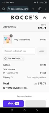 TEDDYBEAR15 coupon verification screenshot