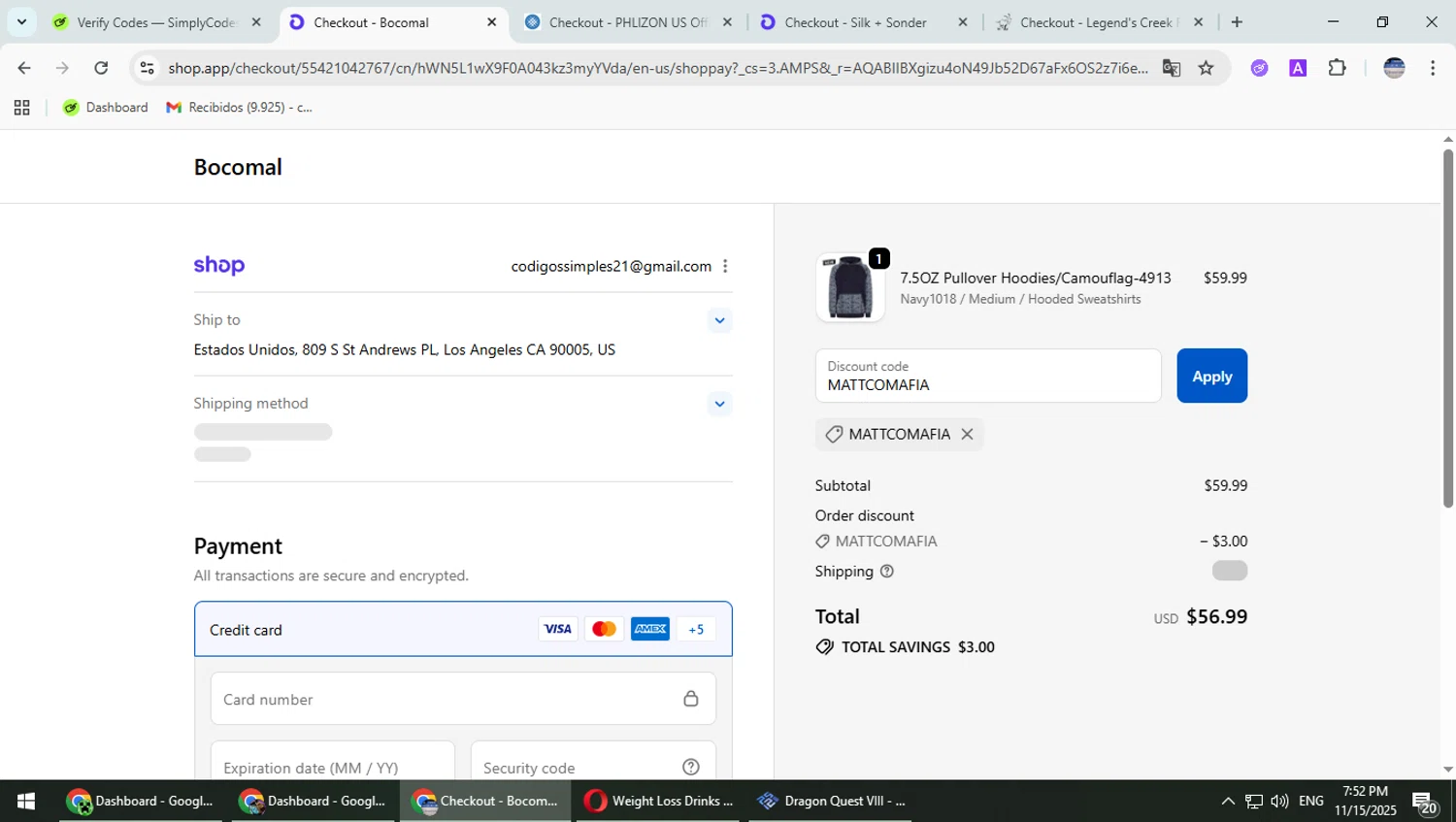 Bocomal Fr discount code screenshot showing code MATTCOMAFIA applied at Bocomal Fr checkout page. Uploaded by SimplyCodes community member TrevorPhilips on Nov 15, 2025