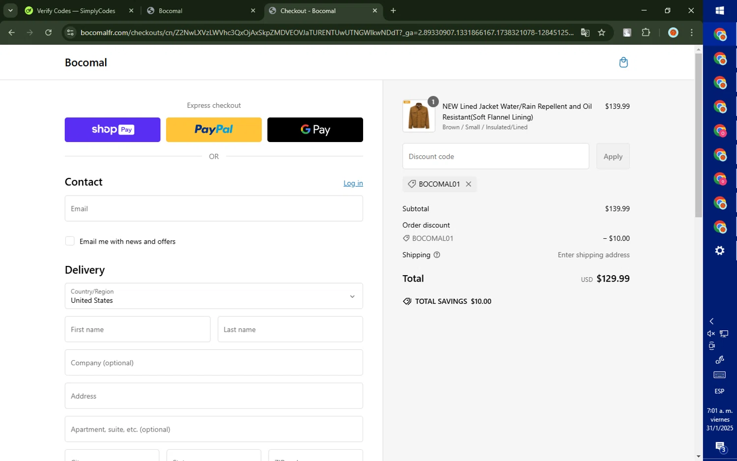 Bocomal Fr discount code screenshot showing code Bocomal01 applied at Bocomal Fr checkout page. Uploaded by SimplyCodes community member SalePhoenix823 on Jan 31, 2025