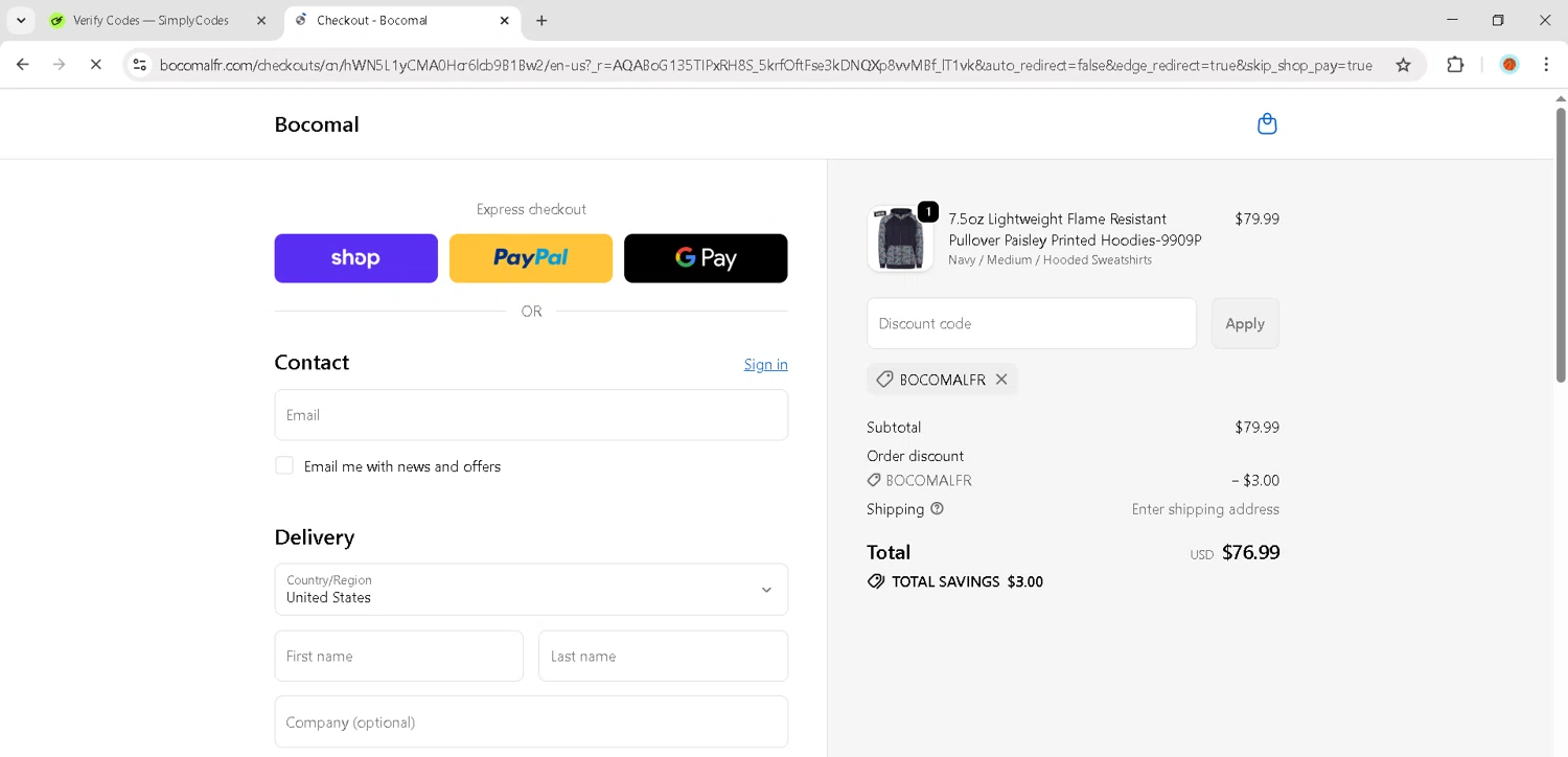 Bocomal Fr discount code screenshot showing code BOCOMALFR applied at Bocomal Fr checkout page. Uploaded by SimplyCodes community member JosephStevens774 on Nov 15, 2025