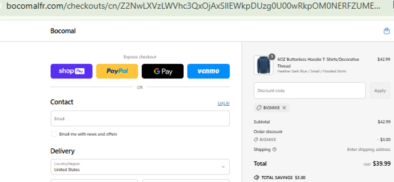 Bocomal Fr discount code screenshot showing code bigmike applied at Bocomal Fr checkout page. Uploaded by SimplyCodes community member CashMaestro9337 on Jun 23, 2025