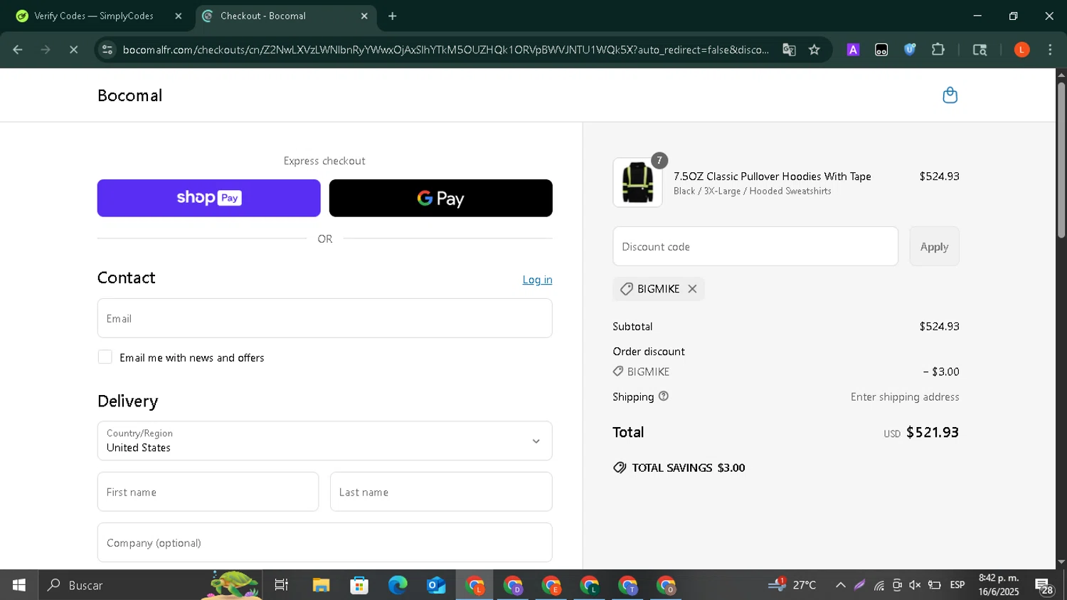 Bocomal Fr discount code screenshot showing code bigmike applied at Bocomal Fr checkout page. Uploaded by SimplyCodes community member SilverCaptain7216 on Jun 17, 2025