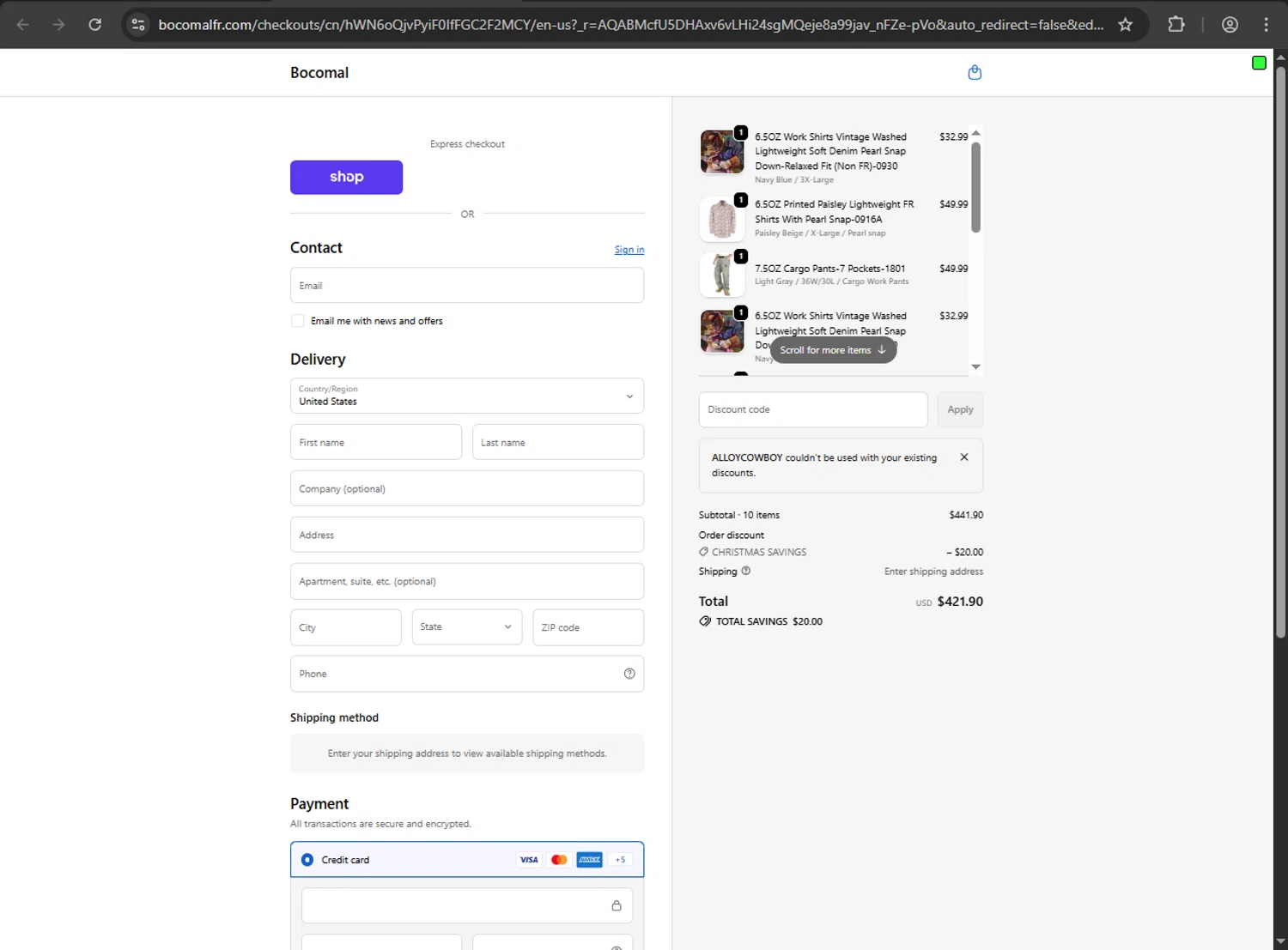 Bocomal Fr discount code screenshot showing code alloycowboy applied at Bocomal Fr checkout page. Uploaded by SimplyCodes community member nikelson on Dec 24, 2025