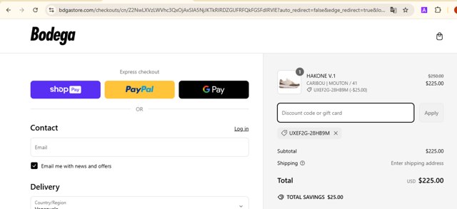 Bodega checkout page showing Bodega promo code box | Screenshot taken by SimplyCodes community member on Mar 14, 2025
