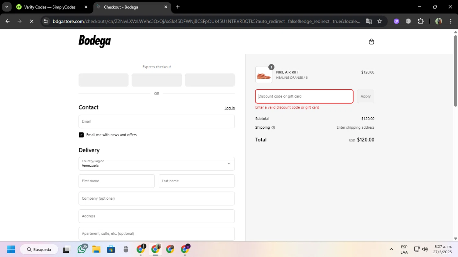 Bodega promo code screenshot showing code ZAMFUJ-QQGB89 applied at Bodega checkout page. Uploaded by SimplyCodes community member MoneySentinel7597 on May 27, 2025