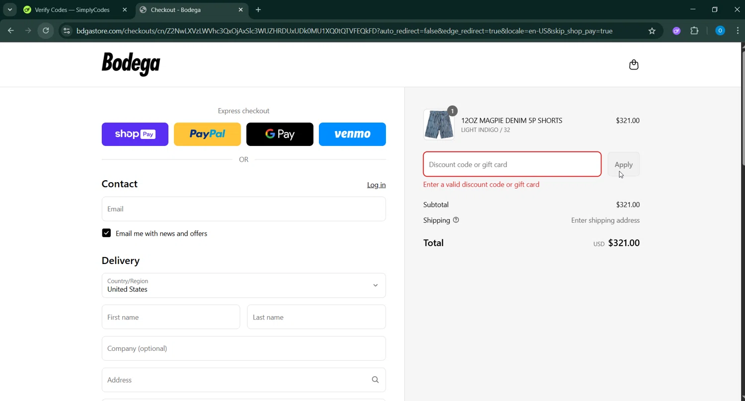 Bodega promo code screenshot showing code ZAMFUJ-QQGB89 applied at Bodega checkout page. Uploaded by SimplyCodes community member RoyalSage9159 on May 27, 2025