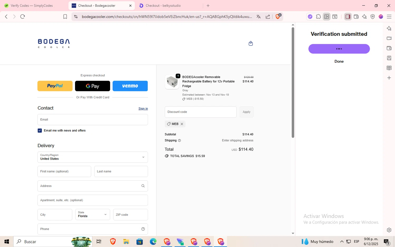 Bodega Cooler promo code screenshot showing code MEB applied at Bodega Cooler checkout page. Uploaded by SimplyCodes community member Jsjsjsjsjsjsjs on Dec 7, 2025