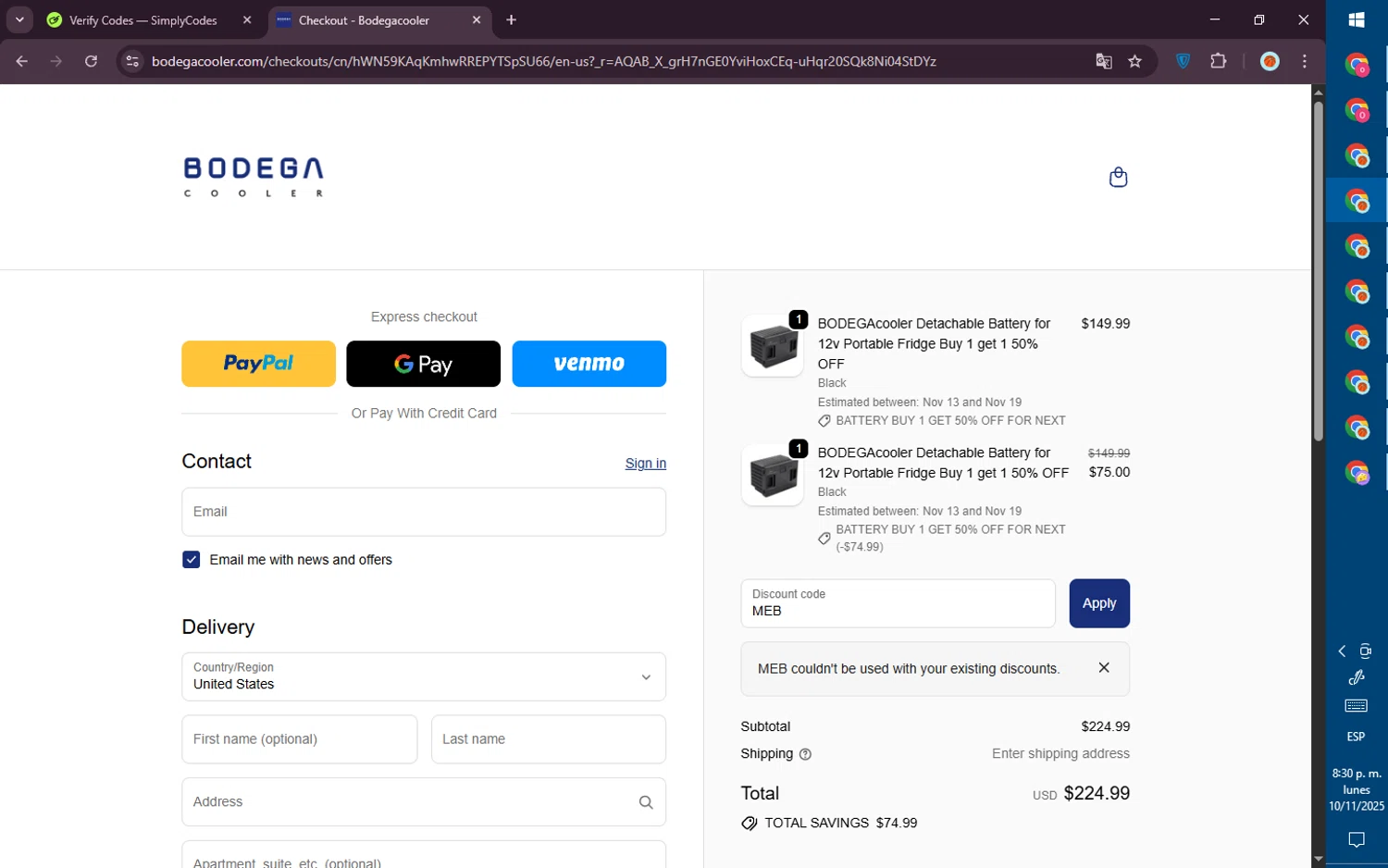 Bodega Cooler promo code screenshot showing code MEB applied at Bodega Cooler checkout page. Uploaded by SimplyCodes community member PromoVoyager8446 on Nov 11, 2025