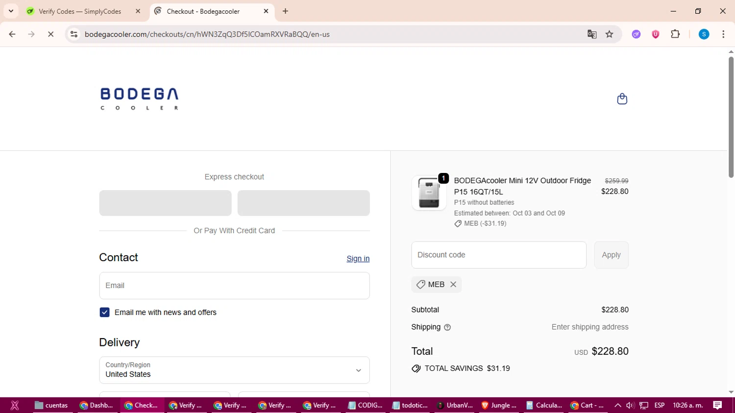 Bodega Cooler promo code screenshot showing code MEB applied at Bodega Cooler checkout page. Uploaded by SimplyCodes community member uleesesv on Sep 30, 2025