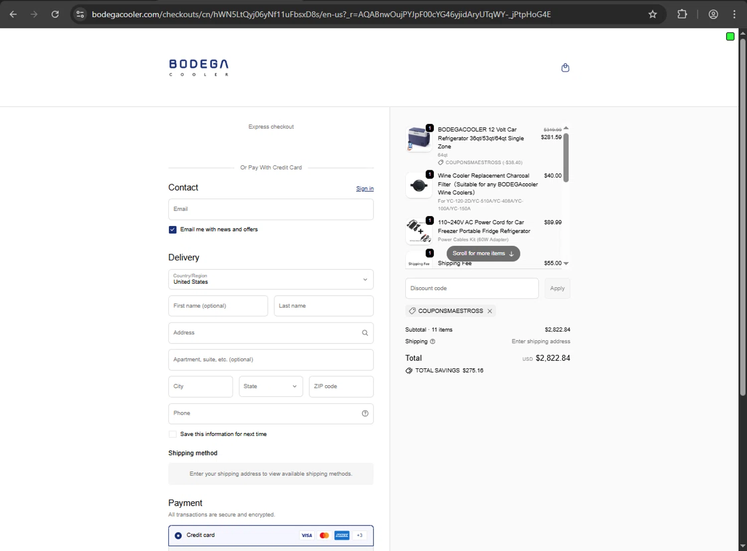 Bodega Cooler promo code screenshot showing code COUPONSMAESTROSS applied at Bodega Cooler checkout page. Uploaded by SimplyCodes community member verify_codes on Nov 16, 2025