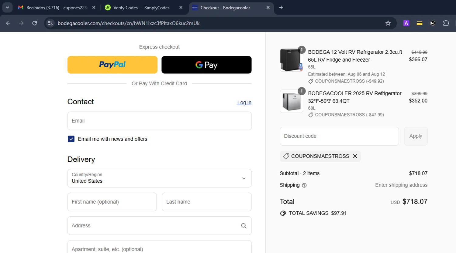 Bodega Cooler promo code screenshot showing code COUPONSMAESTROSS applied at Bodega Cooler checkout page. Uploaded by SimplyCodes community member Eduard on Aug 1, 2025