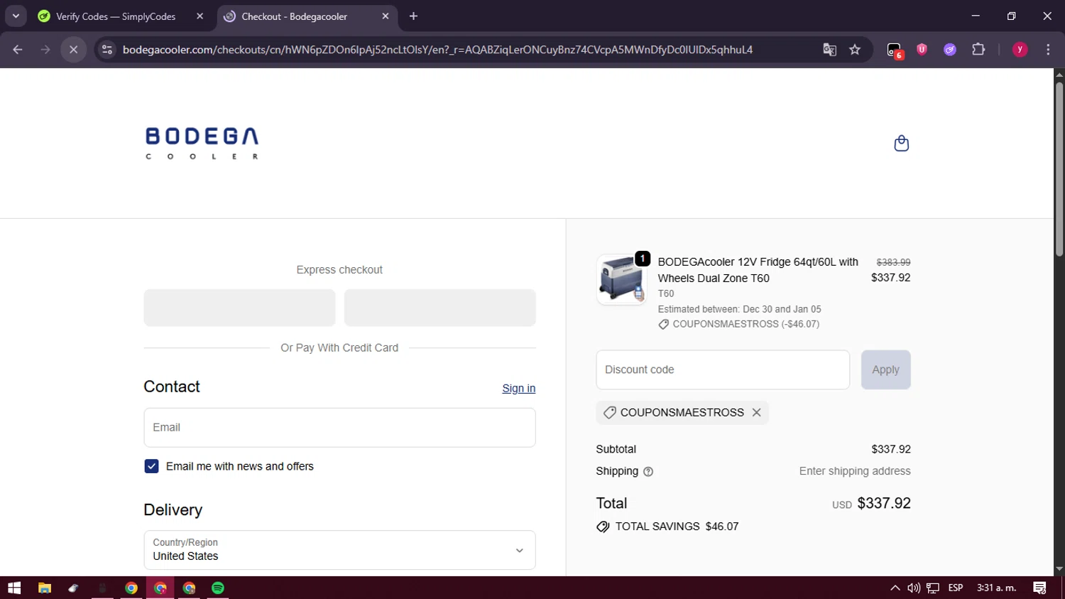 Bodega Cooler promo code screenshot showing code COUPONSMAESTROSS applied at Bodega Cooler checkout page. Uploaded by SimplyCodes community member ValiantFox2134 on Dec 25, 2025