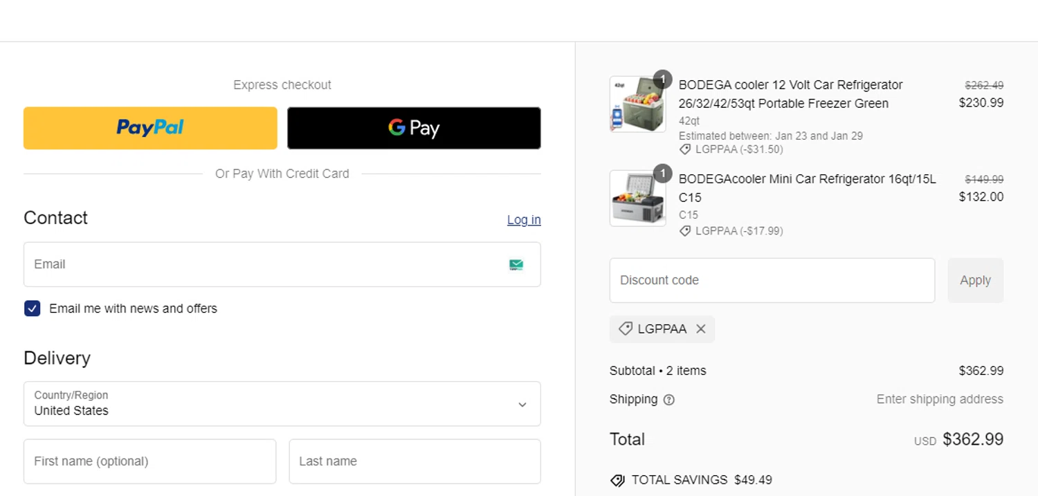 Bodega Cooler promo code screenshot showing code Lgppaa applied at Bodega Cooler checkout page. Uploaded by SimplyCodes community member Juanls04 on Jan 18, 2025