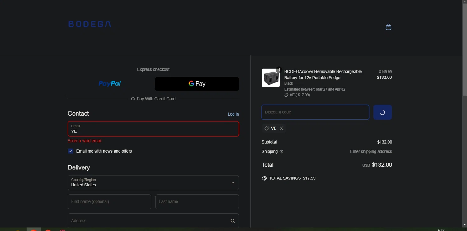 Bodega Cooler promo code screenshot showing code VE applied at Bodega Cooler checkout page. Uploaded by SimplyCodes community member Nor_man on Mar 24, 2025